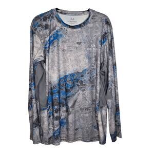 Realtree Wav3 Mens Gray Blue Reversible Long Sleeve Performance Fishing Shirt L